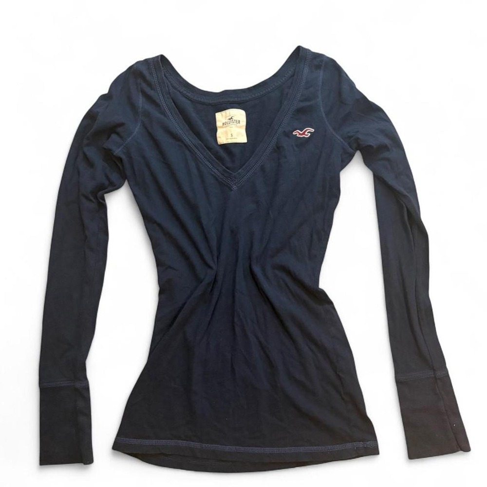 Y2K Hollister Womens S Navy Deep V Neck Long Sleeve Logo Fitted Shirt 2000s